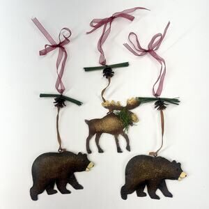 Woodland Black Metal Moose Bear Animal Rustic Christmas Ornaments Lot Of 3